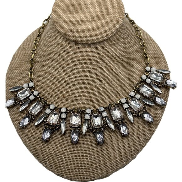 J Crew Necklace Shimmering Rhinestone Moonstone Chunky Gold Tone - Picture 1 of 9